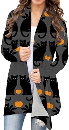 נשים ליל כל הקדושים הדפסת חתול סריגה קרדיגן שרוול ארוך פתוח סוודר סרוג קדמי סוודר מעיל בגדי לבוש
