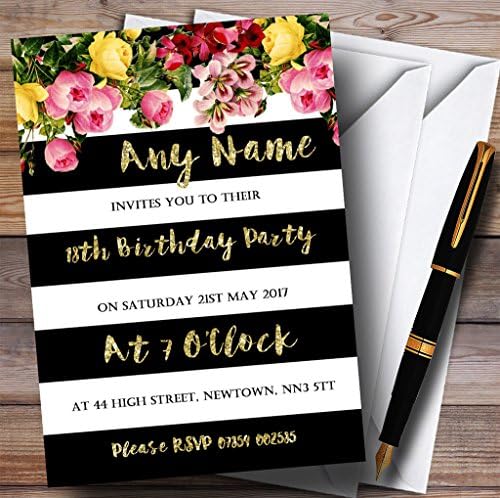 הזמנות להתאמה אישית של מסיבת יום הולדת בהתאמה אישית של פינק פרחוני שחור.
