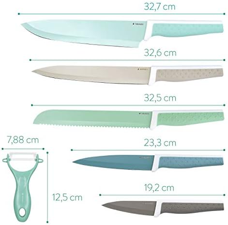סכיני נבאריס להגדיר 6 חתיכות כולל. קולפן - סכיני מטבח מנירוסטה פי 5 וקולפן ירקות קרמי פי 1-סכין בשר סכין
