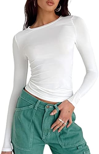 צמרות יבול בסיסיות מזדמנים של נשים שרוול ארוך רזה בכושר בצבע מוצק חולצות סוודר צוואר חולצות טריקו צמוד