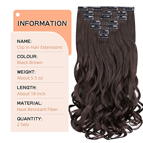 שחור שיער הרחבות, 2 סטים שיער הרחבות קליפ ארוך מתולתל גל 18 7 יחידות סינטטי מקצועי שיער הרחבות מלא ראש לנשים