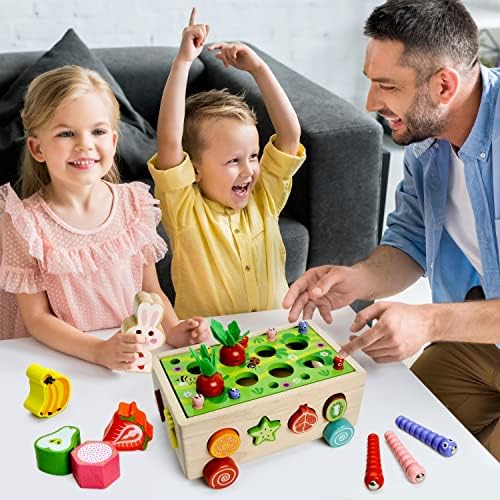 צעצועי מונטסורי מעץ לבנות תינוקות בנות גיל 2 3 בן 4, צעצועי פרדס חווה מעץ עם תיק נטו וחבל, מעצבים מתנות צעצועים