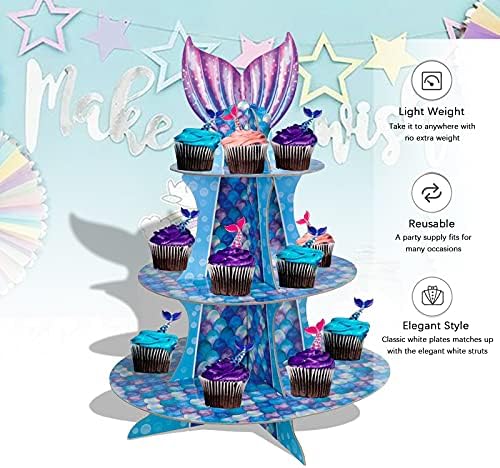 עמדת עוגות בתולת ים 3 שכבות קרטון דוכן עוגת עוגות עבור 24 חליפת קאפקייקס ליום הולדת מקלחת לתינוק חתונה מתחת לים