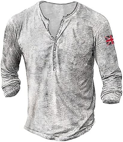 חולצת Henley Wenkomg1 לגברים, רגיל איחוד ג'ק בריטניה דפסה דגל מודפס שרוול ארוך שרוול ארוך רטרו רטרו