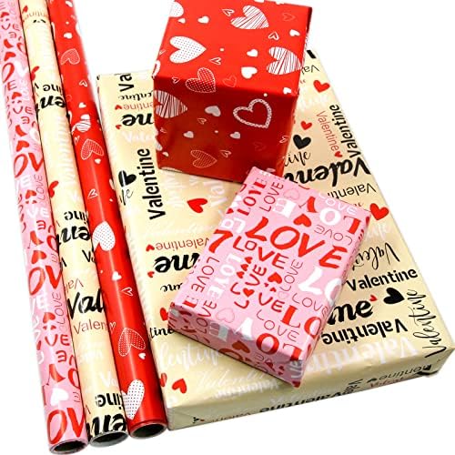 עטיפת נייר רול עם לחתוך קווים ולנטיין לב אהבת עיצוב מתנת גלישת נייר ליום האהבה יום הולדת חג 3 חבילה אדום ורוד