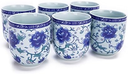 סט של 6 כוסות תה קרמיקה מזרח אסייתיות באדמונית כחולה-לבן-8 גרם קיבולת כל אחת