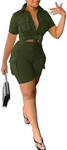 נשות Olycelak קיץ 2 מכנסיים קצרים מכנסי דש כפתור מטה עניבת קשר חולצה קדמית חולצה קדמית מותניים בגוף מכנסיים קצרים