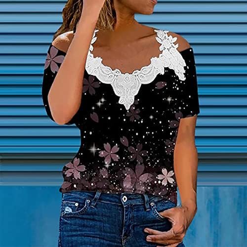 חולצות טריקו של חולצות טריקו של נשים משופעות לנשים מעל כתף כתף כתף פרחוני שרוול שרוול רגיל קיץ