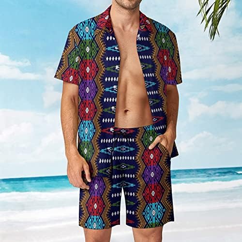 Weedkeycat Azteca דפוס שבטי תלבושות חוף לגברים 2 חלקים כפתור הוואי למטה חולצה קצרה שרוול ומכנסיים קצרים.