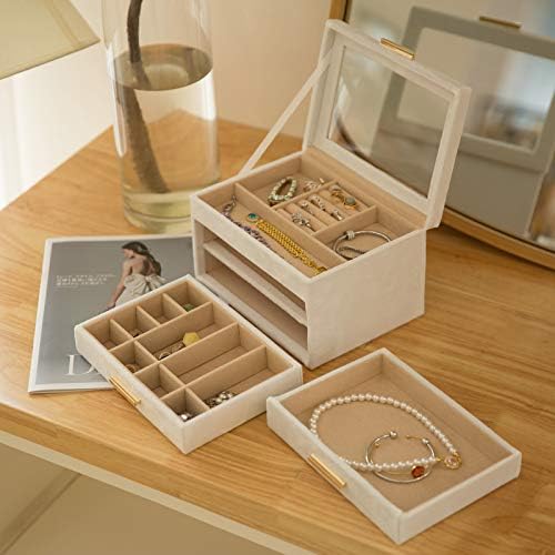 מארגן תכשיטים עם 3 שכבות, 2 מגירות קופסת תכשיטים קטיפה עם מכסה אקרילי ברור לאחסון שרשרת צמיד צמיד וטבעות,