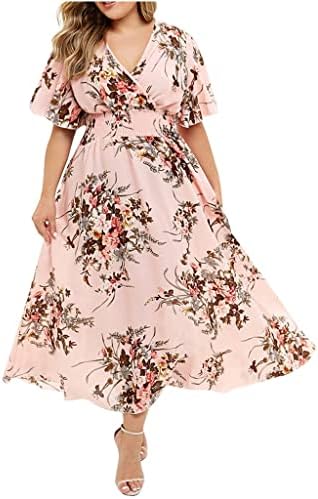 שמלת קיץ לנשים 2023 פלוס אופנה גודל נשות פרחים מודפסים עם צווארון V שמלה מזדמנת של שרוול קצר מס '1