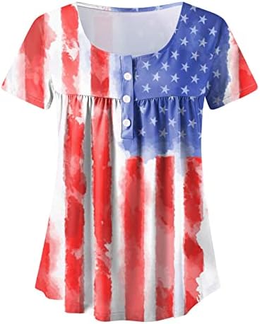 4 ביולי טוניקת חולצות לנשים אמריקאי דגל להסתיר בטן שומן חולצות קיץ מזדמן קצר שרוול כפתור עד צוואר