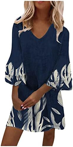 חצאיות Nokmopo Midi לנשים טמפרמנט אופנת נשים אלגנטיות מודפסות צווארון V 3/4 שרוולים מיני שמלה