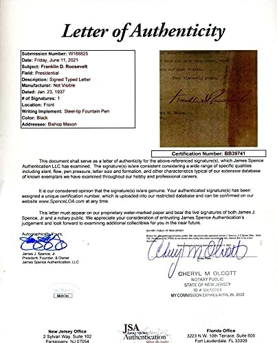 פרנקלין רוזוולט JSA COA יד חתמה על 1937 חתימת מכתב הבית הלבן