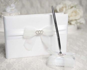 ספר אורחים לחתונה של Rhinestone Hearts Set Set: Set Color: White/Silver Pen