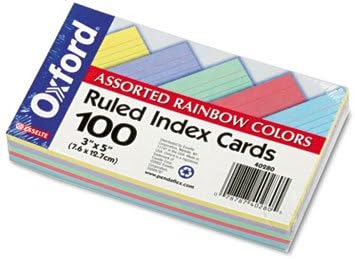 אוקספורד: כרטיסי אינדקס נשלטים, 3 על 5, כחול / סגול / קנרי / ירוק / דובדבן, 100 לחפיסה -: - נמכר כ -1 נק'