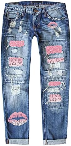 טלאים מודפסים לנשים מותניים גבוהים קרועו במצוקה ישר התאמה ג 'ג'ינס ג'ינס רזה לבבות הדפסת ג'ינס קפרי