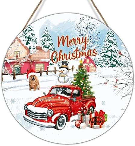 בית חווה אדום במשאית אדומה שלג עץ קיר אמנות שלט חג מולד שמח איש שלג כלב עץ פלאק חג המולד דלת כניסה