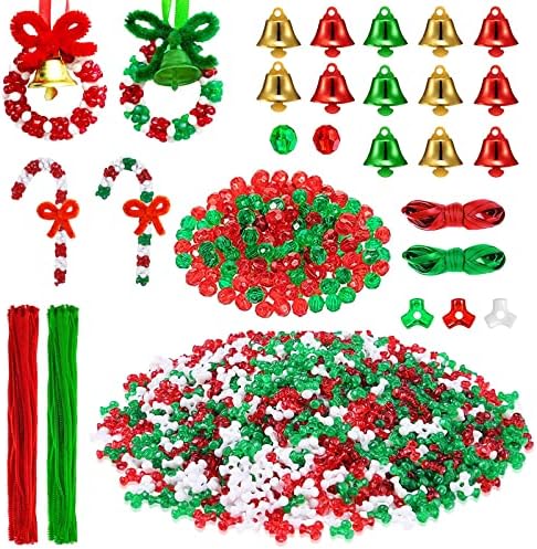 1262 חתיכות ערכת קישוט חרוזים לחג המולד, משולש פלסטיק לחג המולד חרוזי חג המולד פעמוני חג המולד גבעולים וסרטים