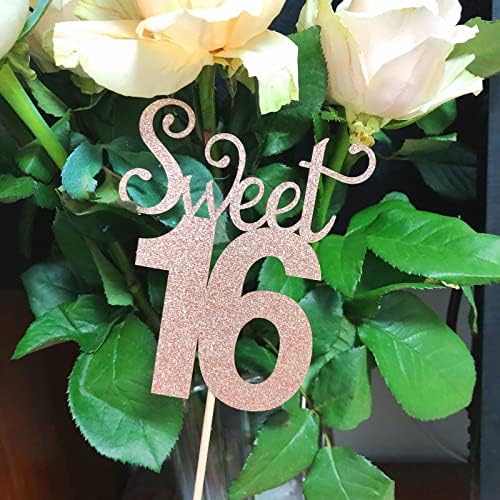 אליסר בן 10 חבילות דו צדדי גליטר ורד זהב מתוק 16 מקלות מרכז יום הולדת, מתוק 16 עוגות שולחן קישוט טופר