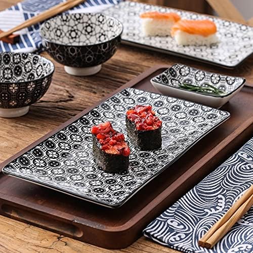 BBSJ סט סושי חרסינה בסגנון יפני עם 2 צלחות סושי, קערות, כלים לטבילה, 2 זוגות מקלות אכילה עם