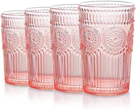 כוסות כוסות כוסות של ג'ואי פינק, פרחים, כוסות מים רומנטיות מובלטות, כלי זכוכית וינטג 'מכוסה בכדורגל