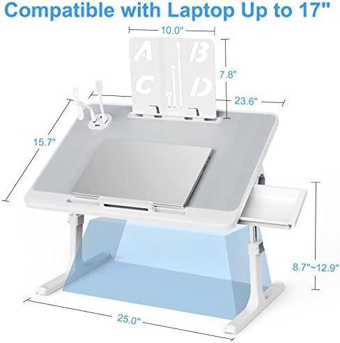 שולחן מחשב נייד למיטה, שולחן מחשב נייד מתכוונן לגובה עם מגירה, מעמד ספרים, מאוורר יו אס בי, אור, שולחן
