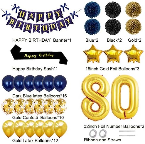 יוג'יאונלי קישוטי מסיבת יום הולדת 80-יום הולדת מאושר באנר יום הולדת זהב מספר 80 בלונים יום הולדת