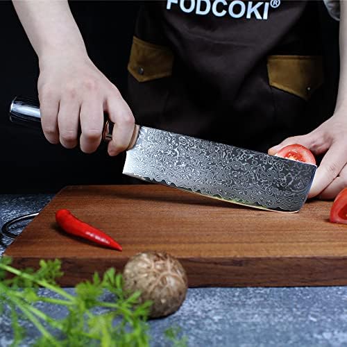 סכין פודקוקי דמשק נקירי 7 אינץ '- סכין שף אסייתי מטבח יפני סכין לחיתוך בשר חיתוך ירקות- VG 10 ידית להב פלדה
