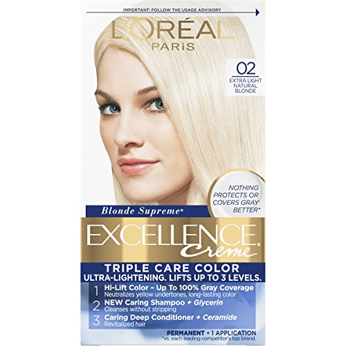 לוריאל פריז מצוינות קרם קבוע לשלושה טיפול שיער צבע, 02 נוסף אור טבעי בלונד, אפור כיסוי עבור עד 8 שבועות, כל סוגי