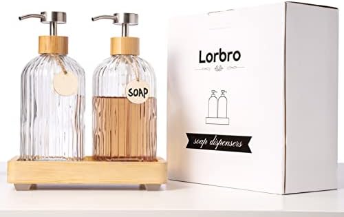 סט מתקן סבון למטבח של Lorbro, מתקן סבון זכוכית עם משאבת נירוסטה ומגש במבוק גבוה, מתקן סבון נוזלי