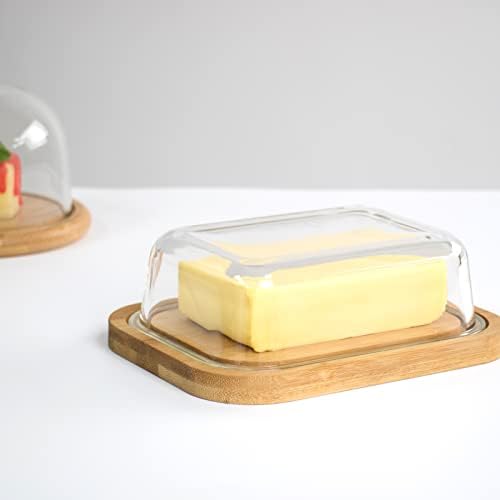 תבשיל חמאת זכוכית Kvmorze עם מכסה לשטח השיש, מיכל מחזיק חמאה למדף דלת מקרר, כוס צלחת חמאה מכוסה, מגש חמאה