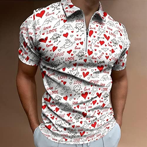 כותנה חולצות גברים חג האהבה אופנה מזדמן 3 ד דיגיטלי בצורת לב הדפסת דש רוכסן קצר שרוול ארוך