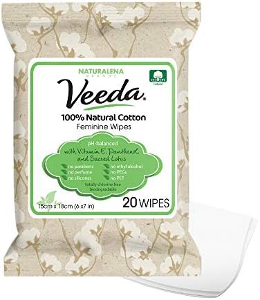 Veeda כותנה טבעית pH מאוזנת מגבונים רטובים נשיים היפואלרגניים, מטליות ניקוי בטוחות לעור רגיש,