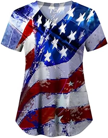 Viyabling 4 ביולי דגל אמריקה דגל אמריקאי קפלים על גבי שרוול נפוח קפלים קיץ V צוואר חולצות חולצות חולצות