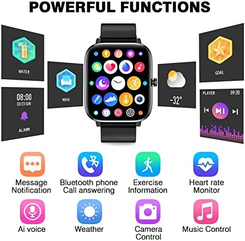 שעון חכם 2023 גשש כושר תואם לאייפון אנדרואיד, 1.7 מסך מגע מלא IP67 שעון דיגיטלי אטום למים לנשים גברים שחור