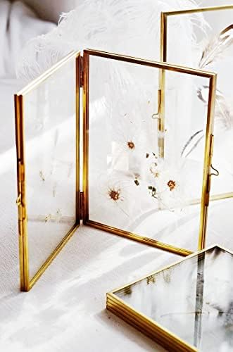 מסגרת תמונת זהב וונטאי - 4 * 6 מסגרת זכוכית מתקפלת כפולה לפרחים לחוצים - מתכת פליז וינטג 'ומסגרת צפה