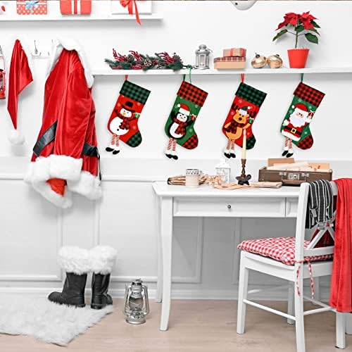 Anydesign 4 חבילות גרבי חג המולד של סנטה קלאוס איש שלג איילים פינגווין תלויים עם רגל ארוכה אדומה