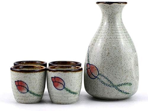 סט סאקה בסגנון יפני בסגנון 5, עיצוב לוטוס מוזר, כולל סיר סאקה של 10 גרם, כוסות סאקה של 1.5 גרם,