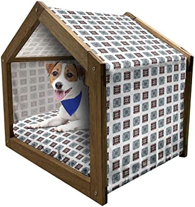 בית כלבי עץ של אמבסון פאנקי, צורות גיאומטריות עכורות עכורות עם שורות מצוירות ביד אמנות תמונה, מלונה כלבים ניידת