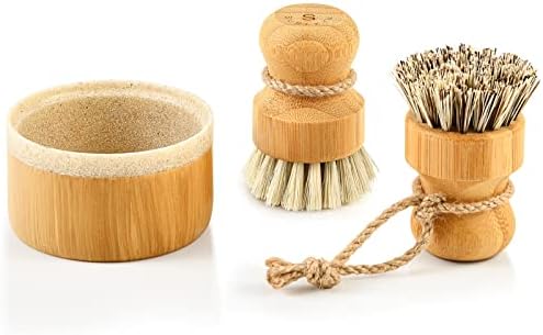 Subekyu Bamboo Bubble Up מברשת כלים עם מחזיק סבון, מברשת תבשיל מעץ עם מתקן סבון, מברשת קרצוף מטבח טבעי, סיר