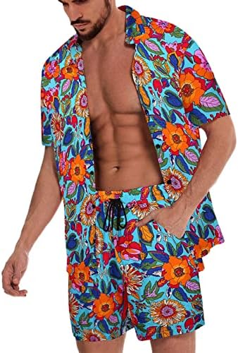 XZHDD גברים מערכות מכנסיים קצרים של חולצות הוואי, קיץ פרחוני פרחוני חולצת שרוול תלבושות חוף תלבושות