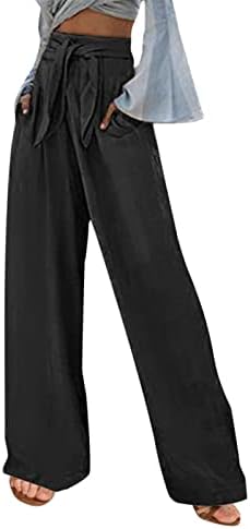 מכנסי פשתן אתקיה נשים נשים מזדמנים צבע מוצק כיסים רופפים מכנסיים לחגורה אלסטית מכנסיים ארוכים שמלת נמר