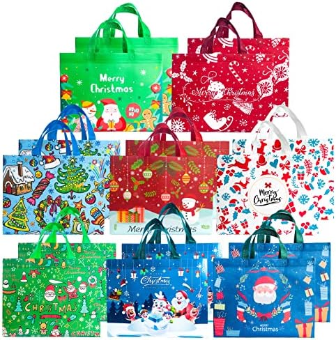 16 יחידות חג המולד מתנת שקיות, חג המולד לשאת שקיות עם ידיות, רב תכליתי לשימוש חוזר שאינו ארוג קניות