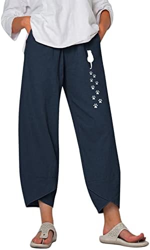KCJGIKPOK מכנסיים קצוצים נשים, רגליים ישרות ברגל גבוהה מכנסי פשתן כותנה עם מכנסי יבול עם כיסים