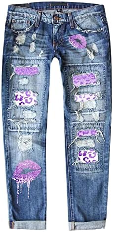 מכנסי ג'ינס רזים לנשים הרסו קרוע נמר במצוקה מכנסי ג'ינס ולנטיין אמצע עליית מכנסי ג'ינס עם כיס