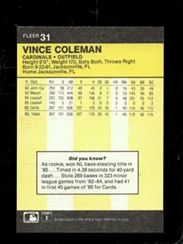 1986 Fleer 31 Vince Coleman Nmmt Cardinals
