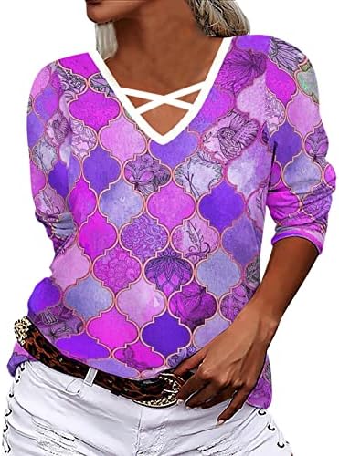 חולצות רצועות צלב קדמיות לנשים דפוס גרפי של חג קרן דפוס 3/4 חולצות שרוול