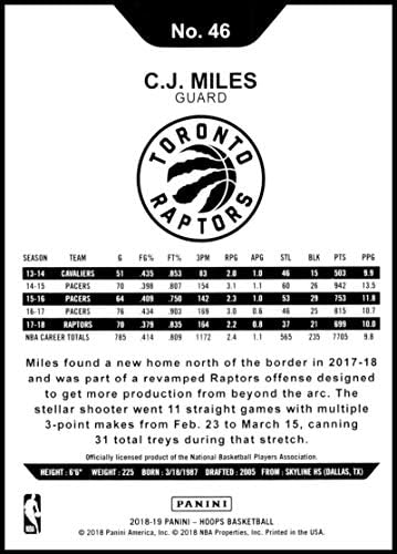 2018-19 NBA Hoops Purple 46 C.J. Miles Toronto Raptors כרטיס מסחר רשמי שנעשה על ידי Panini