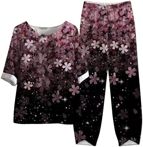 2 תלבושות של 2 חלקים לנשים 2023 פשתן כותנה קיץ 3/4 חולצה ומכנסיים מכנסיים מכנסיים דפוס פרחים מזדמנים בגדי רחוב.